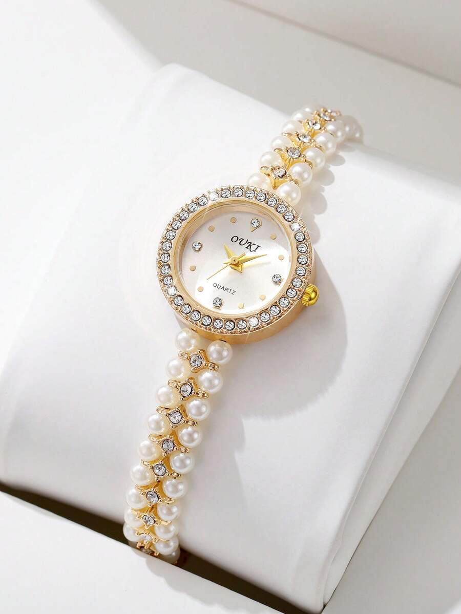 1pc Women's Pearl & Rhinestone Decorated Watch Band With Rhinestone Dial Elegant Quartz Bracelet Watch, Does Not Include Watch Box - 金色 - 查看 1