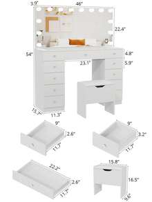 VOWNER 46" Makeup Vanity Desk With Whole Lighted Mirror & Power Outlet, Modern Vanity Table With 11 Storage Drawers & Soft Stool, 14-Bulbs Large Mirror, 3-Color Lighting & Brightness Adjustable, Bedroom Vanity Set Gifts For Girls Women, Christmas - 查看 6