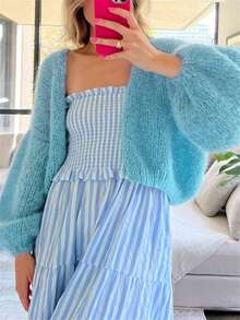 Women's Fuzzy Knit Sweater Long Lantern Sleeve Open Front Solid Color Cardigan Fall Coat - Blue - View 4