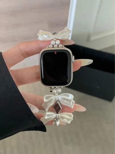 1pc 46mm/42mm Fashion Pearl Crystal Bow Strap Compatible With Apple Watch Series 10, Suitable For Women Daily Wear, Fits 38/40/41/42/44/45/49mm Apple Watch Ultra/SE/8/7/6/5/4/3/2/1