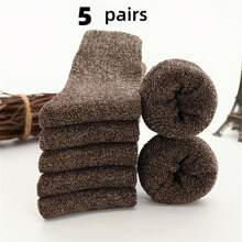 Cozy Soft 5 Pairs Men's Thick Wool Blend Socks - Mid-Calf Winter Socks In Solid Colors - Soft & Warm For Casual Or Cold Weather, Quality Fabric Socks, Giftready Packaging, Cute Socks (Dark Gray, Light Blue, Brown, Navy Blue, Beige, White)