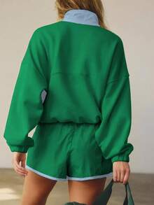 Women's Early Fall Sports Two Piece Contrast Half Placket Elasticated Waistband Top Elasticated Waistband Shorts - 綠色 - 查看 2