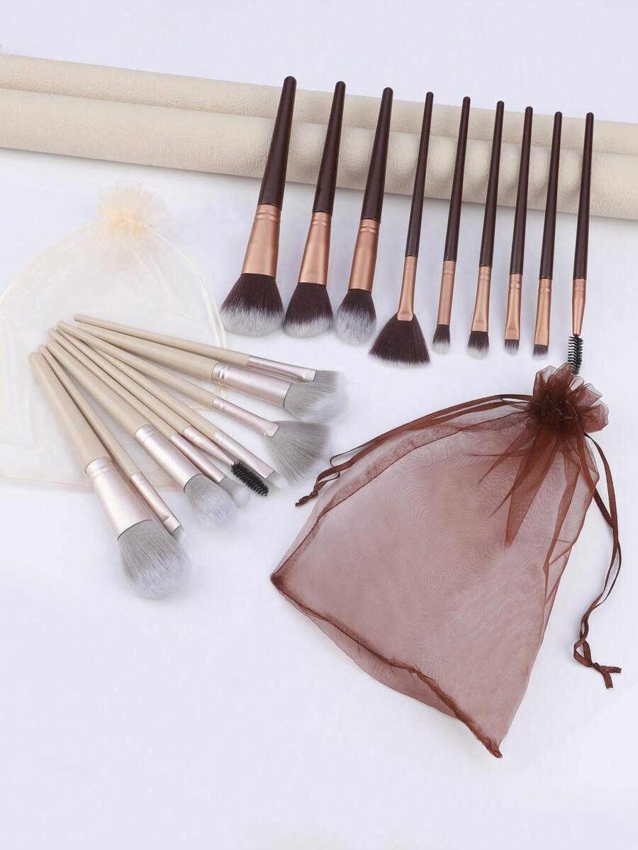RANCAI 9pcs Makeup Brush Set, Includes Powder Brush And Foundation Brush, Portable Makeup Tools, With Mesh Storage Bag - Beige - View 1