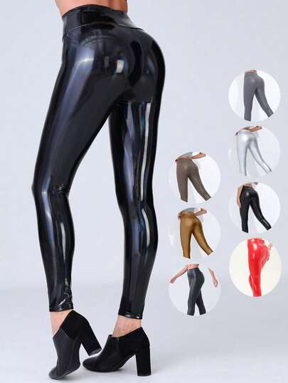 Calça Legging Feminina de Couro Sintético Brilhante de Cintura Alta, Cor Sólida, Quente, Sexy e Justa, Elástica