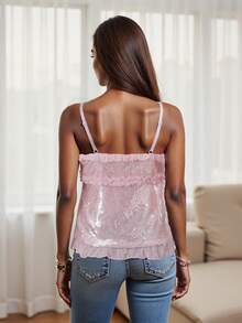 Women's Sequin Tank Tops Stylish Front Tie Ruffled Trim Spaghetti Strap Camisoles For Summer - 粉色 - 查看 5