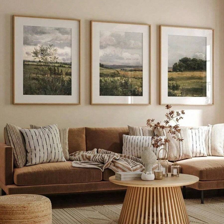 Set Of 3 Neutral Vintage Rural Wall Art Oil Paintings, Sky And Countryside Landscape Canvas Posters, Countryside Painting, Farmhouse Decor, Ideal Gift For Bedroom, Bedroom Decor - 彩色 - 查看 1