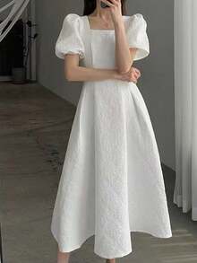 Vestidos midi para mujer,Mujer de la cintura delgada Temperamento vestidos de manga corta - Blanco - Ver 6