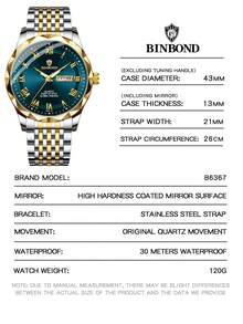 BINBOND 顶级品牌奢华金色石英表男士防水运动男表商务钟表男士石英腕表情人节礼物不锈钢石英表男 - 綠色 - 查看 8