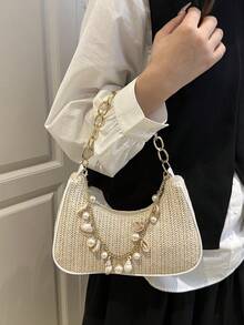中号时尚纯色金属链条草编新月形手提包，多功能托特包，沙滩包，休闲草编包，手机袋（吊坠款式可能有所不同） - 米色 - 查看 4