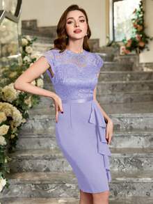 MIUSOL 花卉蕾丝圆领盖袖荷叶边鸡尾酒会修身连衣裙