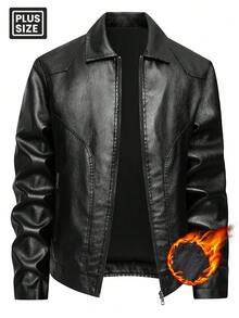Chaqueta de cuero de motocicleta con forro térmico grueso para hombre talla grande, cuello, bolsillos con cremallera, para invierno - Negro - Ver 2