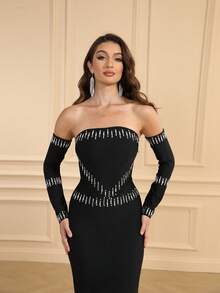 LOVE Aing Women's Black Long Sleeve Rhinestone Slit Elegant Sleeve Gown, Sexy Formal Party Dress For Wedding Guest, Cocktail, Prom