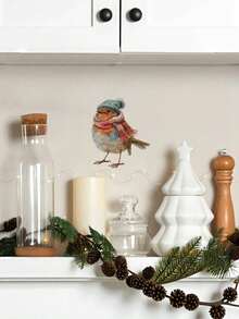 Christmas Scarf, Hat, Bird Wall Sticker For Bedroom, Entrance, Bathroom, Home Decor, Self-Adhesive