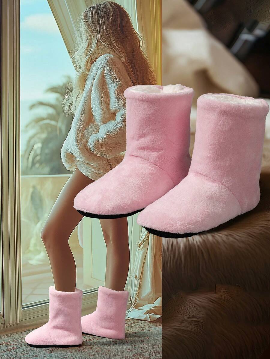 2025 Nuevos Pantuflas de media pantorrilla de invierno, estilo de pareja, forradas térmicamente, botas cortas gruesas, cómodas y cálidas de terciopelo coral con suela suave antideslizante, calentadores de piernas rosas para interiores posparto, talla grande para hombres, usar una talla talla grande grande