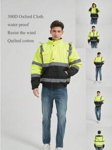 高能见度反光安全夹克 - 防水、拉链、多口袋和黑色底部、反光夹克、拉链夹克 300D 牛津布 PU 涂层防水防风、360° 反光安全背心、多口袋设计、适用于建筑、道路作业和户外作业、耐用工作服、加固接缝高能见度防护服，专为建筑工人设计 - 螢光黃 - 查看 7