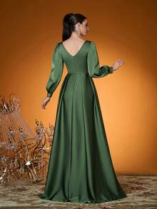 Mgiacy,New Arrival,V-Neck,Elegant,Ball Dress,Ruffle,Sequin,Perspective,Lantern Sleeve,FOR,Prom Wedding,Graduation,Wedding Guest,Party Dress,Wedding Guest Dress, Evening Dress,Green Dress For Women