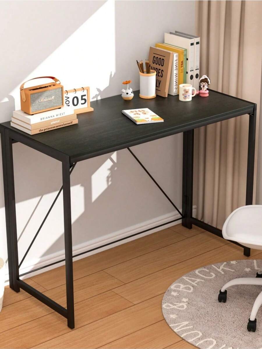 Steel Frame & MDF Folding Desk With Modern Style, Black Frame & Black Grained Top - Space-Saving For Study/Office/Picnic - 40.55"L X 19.69"W X 29.25"H - 1 Piece - 黑色 - 查看 1