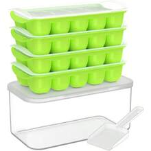 I Cube Tray With Lid And Bin, 4 Pack Easy Pop Out Silicone Is Cubes Trays For Freezer With Cover, Stackable Compact I Bucket Kits, For Soup, Food, Cocktail, Coffee - 綠色 - 查看 1