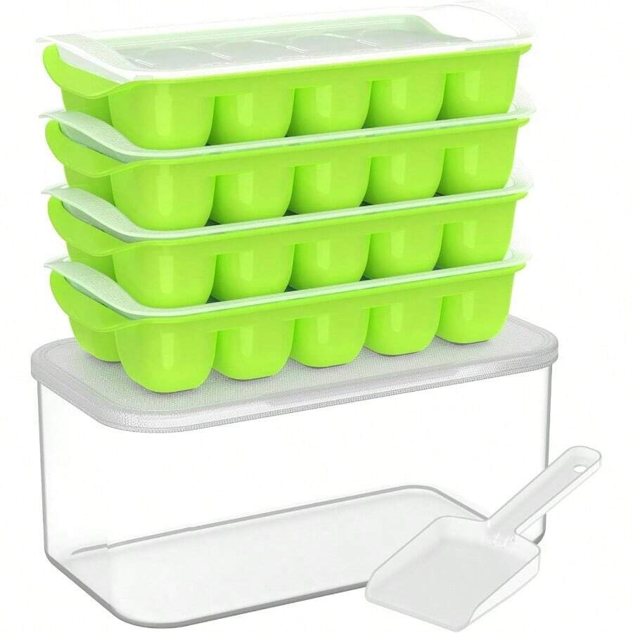 I Cube Tray With Lid And Bin, 4 Pack Easy Pop Out Silicone Is Cubes Trays For Freezer With Cover, Stackable Compact I Bucket Kits, For Soup, Food, Cocktail, Coffee - 綠色 - 查看 1