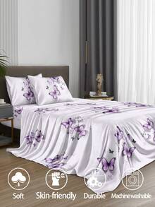 4 件套浅紫色蝴蝶图案床单套件，易于护理超细纤维柔软床上用品套件，花卉床笠套件（1 件床单+1 件床笠+2 个枕套）床笠套件，特大号双人床，全尺寸床单，深口袋，最大 11.8 英寸枕套，柔软透气防皱，更适合睡眠，豪华酒店风格，送给妈妈爸爸朋友的礼物，宿舍床上用品，返校床上用品 - 紫色 - 查看 2