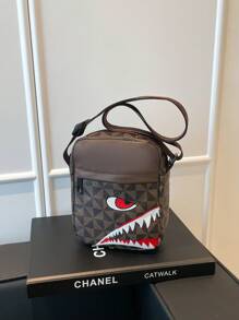 格纹休闲单肩斜挎包，男女通用时尚运动斜挎包个性方形手提包，男女通用商务包竖款鲨鱼嘴设计女包