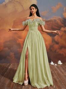 VIPGIRL 鼠尾草绿露肩薄纱舞会礼服，饰有花卉贴花和开衩，A字型晚礼服 - 青檸色 - 查看 10