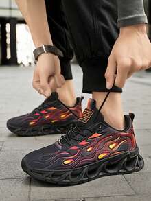 男士透气网眼休闲火焰图案运动鞋，软底轻便青少年运动跑步鞋，红色