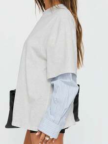 Women Fake Two-Piece Fall T-Shirts Loose Contrast Striped Long Sleeve Round Neck Oversized Tops Casual Streetwear - Grey - View 5