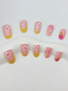 立即提升您的外观，24 件/套短椭圆形红色和黄色法国花朵按压式指甲套装，适合辣妹、办公室女性、派对、约会和日常穿着和派对使用按压式指甲美甲用品指甲 - 彩色 - 查看 2