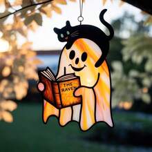 1PC Cute Reading Ghost And Black Cat Acrylic Ornament, Halloween Stained Acrylic , Cute Spooky Ghost, Black Cat Window Hanging, Fall Bookish Decor - A - View 4