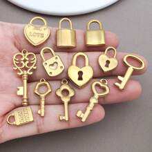 2pcs Stainless Steel Lock Heart Charms Metal Key Charms Padlock Charm Pendants Jewelry Findings Making Accessory For DIY Necklace Bracelet Earrings - Gold - View 3