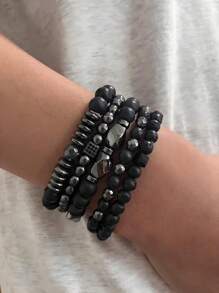 Set de 5 piezas de pulseras elásticas apilables negras hechas a mano con cuentas, joyas de moda para hombre y mujer de estilo punk gótico brillante para fiestas, vacaciones y regalos