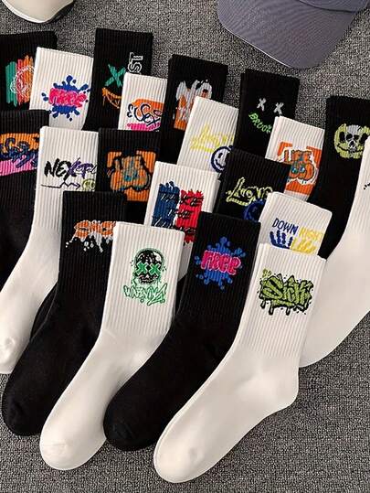 6/7/8/30 双混色中筒袜 - 随机涂鸦字母图案袜子、户外休闲篮球运动袜、四季情侣袜、秋季袜子