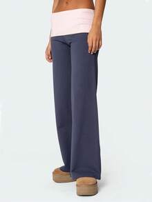Wide Leg Yoga Pants For Women Y2K Low Waist Fold Over Loose Lounge Flare Leggings Sweatpants - 藍色 - 查看 5