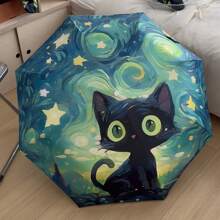 1pc New Cute Van Gogh Cat Folding Umbrella, Dual-Use Sunshade & Rainproof Umbrella, Automatic, UV Protection, Fashionable Black Cat Pattern, Thick Anti-UV Foldable Travel Umbrella For Men & Women, Students