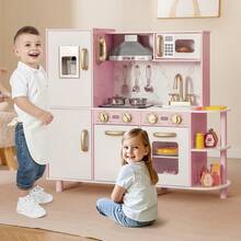 Kids Kitchen Playset W/ Apron Stoves Hood Oven Ice Maker Microwave Telephone - Pink - View 2