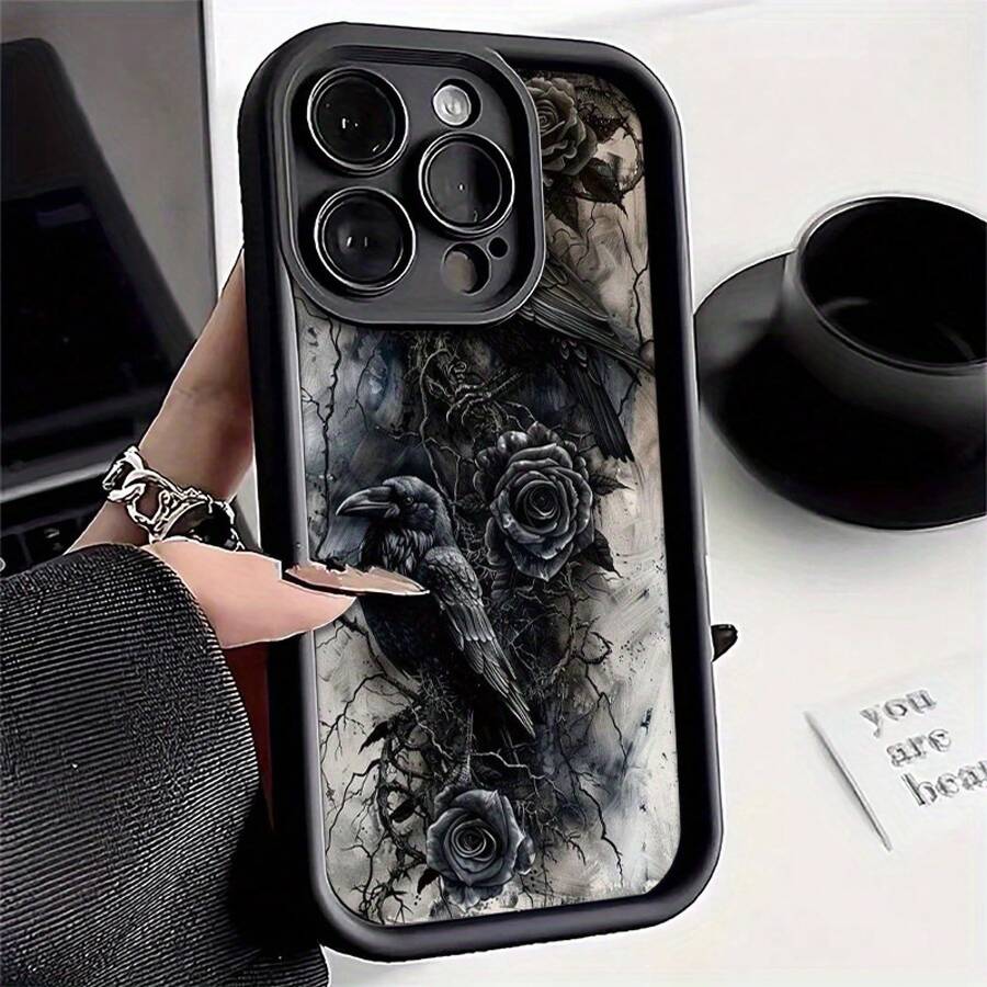 Funda de Teléfono con Patrón de Cuervo y Rosa Negra de Estilo Oscuro Creativo para 16 Pro Max/16 Plus/16 Pro/16/15 Pro Max/15 Plus/15 Pro/15/14 Pro Max/14 Plus/14 Pro/14/13 Pro Max/13 Pro/13/12 Pro Max/12 Pro/12/11 Pro Max/11 Pro/11/XS Max/XR/X/Plus/TPU a Prueba de Golpes y Resistente a la Suciedad Funda Protectora Suave - Colores mixtos - Ver 1