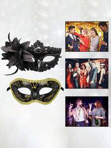 2pcs/Set Party Masquerade Masks, Men & Women Lace Masks, Holiday Supplies, Costume Props, Eye Decoration, Halloween - A - View 4