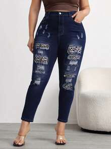 Plus-Size Women's Denim Trousers With Leopard Print Patch Details, Suitable For Spring, Summer And Autumn, Made Of High-Stretch Comfortable Denim Fabric, Suitable For Party And Holiday Wear,Plus Size Jeans - 深色水洗藍 - 查看 3