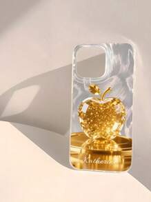 1 pieza Funda protectora de teléfono personalizada con patrón de manzana dorada, transparente, suave, brillante, lisa, de gasa, brillante, impermeable, a prueba de golpes y antideslizante, adecuada para iPhone 16 Pro Max/15Pro/14 Plus/13 Pro/12 Pro Max/11/XsMax/8/7, multicolor, linda, divertida, minimalista, Kawaii personalizada, única, regalo ideal para novio/novia