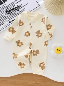 男婴动物熊印花前扣连体衣，婴儿春秋连体衣，幼儿 - 黃色 - 查看 1