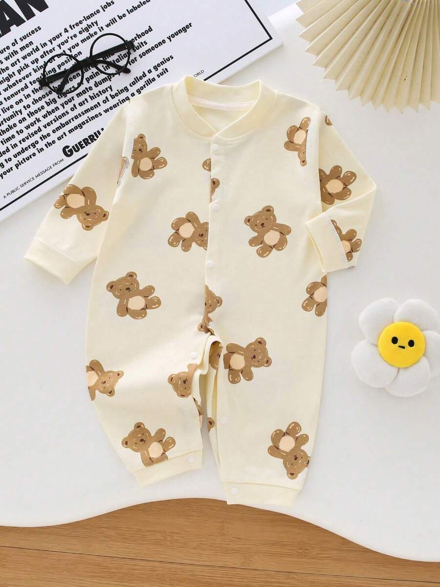 男婴动物熊印花前扣连体衣，婴儿春秋连体衣，幼儿 - 黃色 - 查看 1