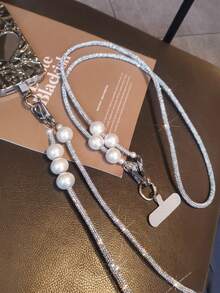 1 pieza Cordón de teléfono grueso con perlas y rhinestones, correa larga de lujo tipo collar, cadena cruzada para el hombro con broche