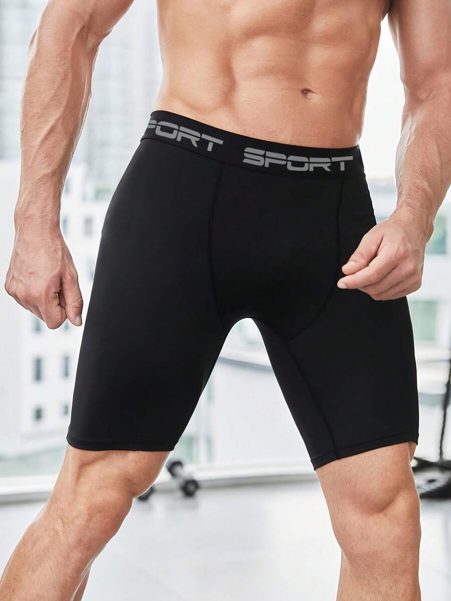 单条装 SPORT 男士运动紧身短裤,适合运动训练、健身跑步,速干弹力打底裤。黑色夏季款 - 黑色 - 查看 1
