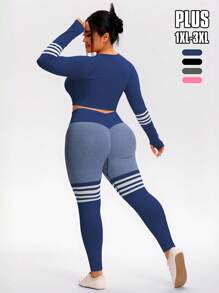 TCVC Plus Size Women's Seamless Fashion Striped Contrast Color Sports Set, Long Sleeve + Long Pants Set, High Elasticity High Waist Slimming Peach Hip, Skin-Friendly Breathable Sweat-Wicking, Yoga Fitness Travel Versatile Fashion Set