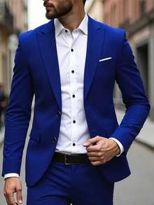 Bộ vest nam thời trang mới vừa vặn, trang trọng gồm 3 món, gồm áo khoác, áo ghi lê và quần dài, màu trơn, trang phục công sở/trang trọng - Xanh đậm - Xem 2