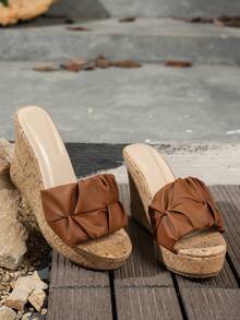 女士夏季系带软木坡跟凉鞋 - 露趾设计，高跟厚底卡其色女士厚底凉鞋，休闲沙滩必备，编织凉鞋 - 棕色 - 查看 5
