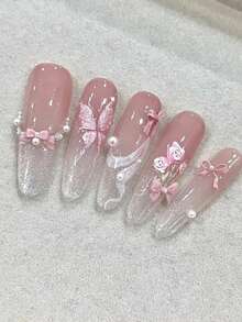 12pcs Cream Bow Nail Art Decorations, Cute White, Pink, Purple Bows With Bow Ribbons, Delicate French Style Nail Decor, DIY Rhinestone Nail Accessories, Nail Salon Supplies, Nail Art Jewelry, Nail Gems