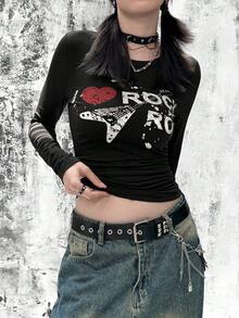Rikumo 女士时尚街头朋克Y2K风格“心形，吉他”英文印花个性化圆领长袖T恤 冬季 - 黑色 - 查看 2