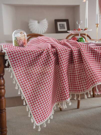 1pc Red Plaid & Green Tablecloth, Bohemian Casual Fresh Style Dining Table Cover, Suitable For Hotel, Restaurant, Bedroom, Living Room, Party, Outdoor Gathering, Holiday Decor,Fall Decor,Autumn Decor,Room Decor